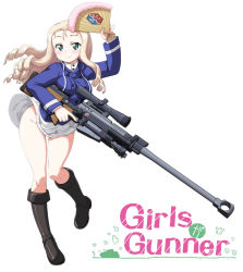 Rule 34 | 1girl, anti-materiel rifle, bc freedom military uniform, blonde hair, blouse, bolt action, boots, commentary, drill hair, full body, girls und panzer, green eyes, gun, hand fan, hase yu, high collar, highres, holding, holding gun, holding weapon, long hair, marie (girls und panzer), miniskirt, no panties, pgm hecate ii, rifle, shirt, skirt, sniper rifle, solo, standing, standing on one leg, trigger discipline, weapon, white background, white shirt