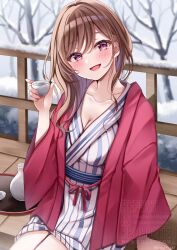 1girl :d ashiyu bare_tree breasts brown_hair cleavage collarbone commentary_request cup hair_between_eyes hand_up head_tilt holding holding_cup japanese_clothes kimono long_hair long_sleeves looking_at_viewer medium_breasts open_clothes open_mouth original outdoors purple_eyes sakura_hiyori sitting smile snow solo striped_clothes striped_kimono tray tree vertical-striped_clothes vertical-striped_kimono watermark white_kimono wide_sleeves