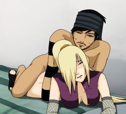 Rule 34 | 1boy, 1girl, absurdres, blonde hair, breasts, cleavage, elbow gloves, enoke, enoque, facing viewer, fishnet gloves, fishnets, gloves, hair over one eye, hetero, highres, interracial, lying, medium breasts, naruto (series), naruto shippuuden, on stomach, open clothes, open shirt, ponytail, prone bone, sex, sex from behind, yamanaka ino