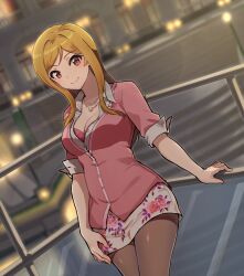 Rule 34 | 1girl, black pantyhose, blonde hair, blush, bra, bra peek, breasts, cardigan, cleavage, collarbone, commentary request, cowboy shot, floral print, idolmaster, idolmaster million live!, idolmaster million live! theater days, jewelry, kamille (vcx68), lamppost, light, long hair, long sleeves, looking at viewer, medium breasts, miniskirt, momose rio, necklace, on roof, outdoors, pantyhose, pink cardigan, pink nails, red eyes, rooftop, shirt, skirt, sleeves rolled up, smile, solo, underwear, white shirt