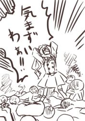 Rule 34 | 10s, 1girl, arms behind head, bad id, bad twitter id, bandaid, comic, crowd, dress, emphasis lines, full body, greyscale, kantai collection, kasumi (kancolle), keionism, kneehighs, long hair, monochrome, open mouth, people, pleated dress, pleated skirt, remodel (kantai collection), school uniform, screaming, serafuku, side ponytail, skirt, socks, standing, sweatdrop, translation request, turn pale