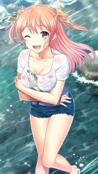 Rule 34 | 1girl, ;d, blue shorts, breasts, cleavage, collarbone, crossed arms, doukyuusei another world, fish, floating hair, game cg, hair ribbon, light brown hair, long hair, medium breasts, official art, one eye closed, open mouth, outdoors, red eyes, ribbon, river, sendou airi, shirt, short shorts, short sleeves, shorts, smile, solo, standing, twintails, very long hair, wet, wet clothes, wet shirt, white shirt, yellow ribbon