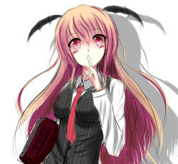 Rule 34 | 1girl, bad id, bad pixiv id, bat wings, book, buttons, dress shirt, female focus, finger to mouth, head wings, holding, holding book, koakuma, long hair, long sleeves, looking at viewer, necktie, red eyes, red hair, red necktie, shadow, shirt, shushing, simple background, sketch, smile, solo, touhou, tsukino shiori, upper body, very long hair, vest, white shirt, wings