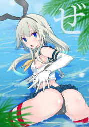 Rule 34 | 10s, 1girl, ass, bad id, bad pixiv id, blonde hair, blue eyes, female focus, from behind, gloves, hairband, kantai collection, long hair, looking back, panties, shimakaze (kancolle), solo, striped clothes, striped thighhighs, tajima ryuushi, thighhighs, underwear