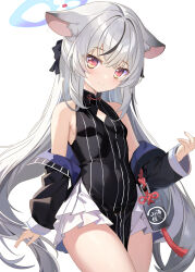 Rule 34 | 1girl, animal ears, aruka (alka p1), black hair, blue archive, blush, breasts, commentary request, grey hair, hair between eyes, halo, highres, id card, jacket, kokona (blue archive), long hair, looking at viewer, low twintails, multicolored hair, shirt, simple background, sleeveless, sleeveless shirt, small breasts, solo, streaked hair, twintails, white background