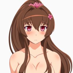 Rule 34 | 10s, 1girl, bad id, bad pixiv id, bare shoulders, blush, breasts, brown hair, cleavage, flower, hair flower, hair ornament, highres, kantai collection, large breasts, ponytail, red eyes, shin&#039;en (gyokuro company), simple background, solo, sweatdrop, upper body, white background, yamato (kancolle)