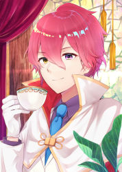 Rule 34 | 10s, 1boy, bad id, bad pixiv id, blue necktie, cape, closed mouth, collared shirt, commentary request, cup, curtains, gloves, hair between eyes, heterochromia, highres, holding, holding cup, indoors, jacket, kannabe ayumu, long sleeves, looking at viewer, male focus, necktie, pink hair, purple eyes, purple shirt, ryuuou no oshigoto!, shiarisu, shirt, smile, solo, teacup, white cape, white gloves, white jacket, yellow eyes