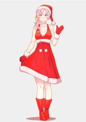 Rule 34 | 1girl, blush, breasts, character request, cleavage, fur-trimmed mittens, fur-trimmed skirt, fur trim, green eyes, hat, highres, kantai collection, long hair, medium breasts, mittens, pink hair, ponytail, red footwear, red mittens, santa costume, santa hat, skirt, skirt hold, smile, solo, waving, white background, yuuji (and)