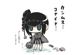 Rule 34 | 10s, 1girl, :/, abyssal ship, anchor hair ornament, ancient destroyer oni, black hair, blue eyes, chibi, commentary request, drill hair, full body, gloves, goma (gomasamune), hair ornament, hakama, hakama skirt, japanese clothes, kantai collection, kimono, meiji schoolgirl uniform, mole, mole under mouth, revision, short kimono, side ponytail, sidelocks, skirt, solo, translation request, wide sleeves
