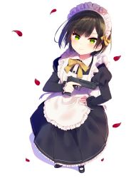 Rule 34 | 1girl, apron, bad id, bad pixiv id, black dress, black footwear, black hair, blush, bob cut, closed mouth, desert eagle, dress, frilled apron, frills, from above, green eyes, gun, handgun, highres, holding, holding gun, holding weapon, looking at viewer, mafuyu (chibi21), maid, maid headdress, mary janes, original, petals, pistol, shadow, shoes, short hair, simple background, smile, solo, standing, trigger discipline, weapon, white background