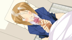 Rule 34 | 1girl, :q, after fellatio, bathroom, blush, breasts, brown hair, censored, closed eyes, cum, cum on hair, facial, from above, hayami (minami-ke), highres, indoors, large breasts, legs, licking, licking lips, makarou, minami-ke, mosaic censoring, nose blush, penis, pov, school uniform, short hair, sitting, skirt, smile, solo focus, standing, thighs, toilet, tongue, tongue out