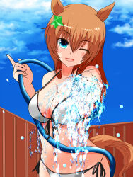Rule 34 | 1girl, alternate costume, animal ears, bikini, blue eyes, blue sky, blush, breasts, brown hair, cleavage, commentary request, cowboy shot, fence, front-tie bikini top, front-tie top, hair between eyes, hair ornament, highres, holding, holding hose, horse ears, horse girl, horse tail, hose, large breasts, looking at viewer, medium hair, navel, open mouth, outdoors, ponytail, side-tie bikini bottom, sky, smile, solo, star (symbol), star hair ornament, swimsuit, taiki shuttle (umamusume), tail, tkka, umamusume, water, white bikini, wooden fence