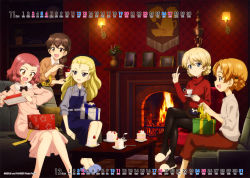 Rule 34 | 5girls, :d, absurdres, assam (girls und panzer), banner, black pantyhose, blonde hair, blue eyes, blue shirt, brown eyes, brown hair, brown pants, brown shirt, cake, calendar (medium), closed mouth, collared shirt, couch, crossed legs, cup, darjeeling (girls und panzer), dress, fire, fireplace, food, fork, fruit, gift, girls und panzer, grey eyes, hair between eyes, hair pulled back, highres, holding, holding cup, holding gift, index finger raised, indoors, lamp, long hair, medium hair, multiple girls, official art, open mouth, orange hair, orange pekoe (girls und panzer), pants, pantyhose, photo (object), pink dress, plate, red hair, red sweater, rosehip (girls und panzer), rug, rukuriri (girls und panzer), scan, shirt, sitting, slippers, smile, standing, strawberry, sweater, table, tea, turtleneck, turtleneck sweater, vase