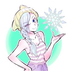 Rule 34 | 1girl, ;), blinking, blue eyes, breasts, casual, cleavage, commentary request, denim, iesupa, jeans, knit hat, looking at viewer, one eye closed, pants, ponytail, roosterteeth, rwby, voice actor connection, smile, snowflakes, solo, symbol, tank top, white hair, winter schnee