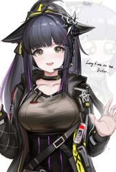 Rule 34 | 1girl, absurdres, animal ears, arknights, black choker, black jacket, breasts, brown shirt, cat ears, cat girl, choker, earpiece, emoji, english text, green eyes, hair ornament, hands up, highres, infection monitor (arknights), jacket, jessica (arknights), jessica the liberated (arknights), large breasts, looking at viewer, multicolored clothes, multicolored hair, nopetroto, open mouth, pleading face emoji, ponytail, purple hair, shirt, smile, streaked hair, tearing up, teeth, upper teeth only, zoom layer