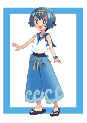 Rule 34 | 1girl, :d, black footwear, blue eyes, blue hair, blue pants, blue sailor collar, bracelet, bright pupils, commentary request, creatures (company), flip-flops, freckles, full body, game freak, hairband, happy, highres, jewelry, lana (pokemon), mizu majuu (waterman10), nintendo, no sclera, one-piece swimsuit, open mouth, pants, pokemon, pokemon (anime), pokemon sm (anime), sailor collar, sandals, shirt, short hair, sleeveless, sleeveless shirt, smile, solo, swimsuit, swimsuit under clothes, wave print, white background, white pupils, white shirt, yellow hairband, z-ring
