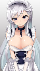 Rule 34 | 1girl, azur lane, belfast (azur lane), blue eyes, breasts, chain, cleavage, closed mouth, collar, cowboy shot, gradient background, grey background, half-closed eyes, highres, large breasts, large wings, long hair, looking at viewer, maid, maid headdress, silver hair, sin (kami148), smile, solo
