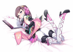 Rule 34 | 1girl, armor, ass, bad id, bad pixiv id, bare shoulders, boots, chacha (sengoku taisen), cross-laced footwear, crotch, elbow gloves, flower, gloves, hair flower, hair ornament, hairband, high heels, long hair, looking back, lying, mouth hold, on stomach, purple eyes, sengoku taisen, sessue, shoes, solo, thigh boots, thighhighs, white thighhighs