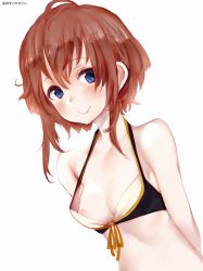 Rule 34 | 1girl, ahoge, alice gear aegis, arms behind back, bad id, bad pixiv id, bare shoulders, bikini, black bikini, blush, breasts, brown hair, character name, closed mouth, dutch angle, halterneck, highres, kanagata sugumi, looking at viewer, medium breasts, nanashi (nlo), nipples, oversized breast cup, purple eyes, short hair, sidelocks, simple background, solo, swimsuit, upper body, white background