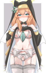 Rule 34 | 1girl, animal ear headwear, blue archive, blush, bra, breasts, commentary request, crotchless, crotchless panties, fake animal ears, garter straps, highres, looking at viewer, machismo fuji, mari (blue archive), medium hair, navel, nipples, nun, orange hair, panties, small breasts, solo, sweat, thighhighs, underwear