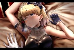 Rule 34 | alternate costume, aoi tiduru, armpits, arms up, azur lane, bare shoulders, black gloves, blonde hair, blue eyes, blush, breasts, cross, dress, gloves, hair between eyes, hair ornament, hair ribbon, half gloves, iron cross, jewelry, letterboxed, looking at viewer, lying, necklace, on back, parted lips, pov, ribbon, short hair, sleeveless, sleeveless dress, solo focus, sweat, white gloves, z23 (azur lane), z23 (the banquet&#039;s honor student) (azur lane)