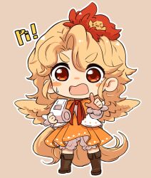Rule 34 | 1girl, animal, animal on head, bird, bird on head, blonde hair, bloomers, blush, boots, border, brown footwear, chick, dress, full body, holding, holding whistle, knee boots, long sleeves, multicolored hair, niwatari kutaka, on head, open mouth, orange dress, pointing, pointing at viewer, red eyes, red hair, shirt, short hair, solo, touhou, two-tone hair, uisu (noguchipint), underwear, whistle, white bloomers, white shirt