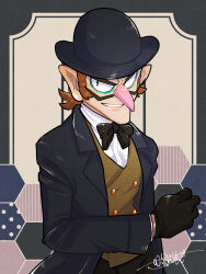 Rule 34 | 1boy, black bow, black bowtie, black eyes, black gloves, black hat, black jacket, bow, bowler hat, bowtie, brown hair, brown vest, buttons, commentary request, double-breasted, facial hair, gloves, hand up, hat, highres, honeycomb (pattern), honeycomb background, jacket, lapels, long sleeves, looking at viewer, male focus, mario (series), multicolored background, mustache, nintendo, omu (sinsindan), open clothes, open jacket, parted lips, pointy ears, shirt, short hair, signature, smile, solo, teeth, v-shaped eyebrows, vest, waluigi, white shirt