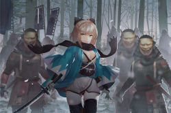 Rule 34 | 1girl, ahoge, aqua jacket, armor, army, banner, black bow, black scarf, black thighhighs, blonde hair, bow, breasts, cleavage, closed mouth, cowboy shot, crest, emblem, expressionless, family crest, fate (series), forest, gloves, hair between eyes, hair bow, haori, helmet, highres, holding, holding sword, holding weapon, jacket, japanese armor, japanese clothes, katana, kimono, koha-ace, kote, kusazuri, large breasts, long sleeves, looking at viewer, mag (huangmag), mask, nature, okita souji (fate), okita souji (koha-ace), oni mask, open clothes, open jacket, outdoors, petals, revision, samurai, sash, scabbard, scarf, sheath, sheathed, shinsengumi, short hair, short kimono, solo focus, standing, sword, thighhighs, tokugawa clan crest, tree, unsheathed, weapon, white gloves, white kimono, wide sleeves, wind, yellow eyes