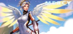 Rule 34 | 1girl, armor, artist name, bad id, bad pixiv id, black gloves, blonde hair, blue eyes, blue sky, bodysuit, breastplate, breasts, character name, chocolazy, cloud, cloudy sky, day, eyelashes, eyeliner, gloves, glowing, glowing wings, gun, halo, handgun, headgear, high collar, holding, holding gun, holding staff, holding weapon, lips, lipstick, long hair, long sleeves, looking away, makeup, mechanical halo, mechanical wings, medium breasts, mercy (overwatch), nose, overwatch, overwatch 1, pink lips, pistol, ponytail, skin tight, sky, smile, solo, spread wings, staff, swiss flag, teeth, turtleneck, upper body, weapon, wings, yellow wings