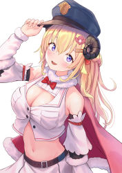 Rule 34 | 1girl, adapted costume, arm up, bare shoulders, belt, blonde hair, blue hat, bow, bowtie, breasts, cape, cleavage, commentary, crop top, crop top overhang, curled horns, detached sleeves, fur trim, hair ornament, hairclip, hand on headwear, hat, highres, hololive, horns, large breasts, long hair, long sleeves, looking at viewer, midriff, navel, open mouth, peaked cap, pleated skirt, police hat, purple eyes, roke (taikodon), sanpaku, sheep horns, shirt, simple background, skirt, smile, solo, stomach, tsunomaki watame, upper body, virtual youtuber, white background, white shirt, white skirt