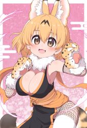 Rule 34 | 1girl, :3, adapted costume, animal ears, animal hands, blonde hair, blush, cloud, commentary request, extra ears, fang, fishnets, fur collar, gloves, highres, kemono friends, ninja, open mouth, paw gloves, ransusan, serval (kemono friends), serval print, serval tail, short hair, solo, tail, thighhighs, white fur, white thighhighs, yellow eyes, zettai ryouiki