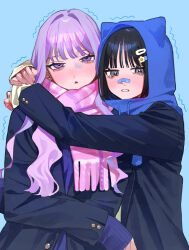 Rule 34 | 2girls, absurdres, animal ears, animal hood, bandaid, bandaid on face, bandaid on nose, black hair, blue background, blue sweater, blunt bangs, blush, buttoned cuffs, buttons, cat ears, clenched teeth, cold, drawstring, flower, grey eyes, grey jacket, hair flower, hair intakes, hair ornament, hairclip, highres, hood, hood up, hug, jacket, long hair, long sleeves, looking at viewer, multiple girls, original, pink scarf, purple eyes, purple hair, scarf, simple background, standing, sweater, tears, teeth, temu (tem27), trembling, upper body, winter clothes