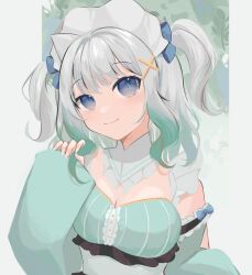 Rule 34 | 1girl, absurdres, blue eyes, breasts, cleavage, closed mouth, detached collar, detached sleeves, dress, ghost girl, gradient hair, green dress, green hair, green sleeves, hair ornament, highres, holding own hair, indie virtual youtuber, looking at viewer, maid, maid headdress, medium hair, mint fantome, multicolored hair, sleeves past wrists, smile, solo, triangular headpiece, two side up, virtual youtuber, white hair, x hair ornament, yuetrys
