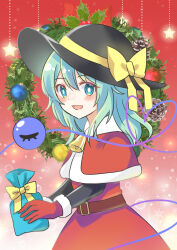 Rule 34 | 1girl, bell, black hat, blush, capelet, christmas, christmas wreath, dress, fur-trimmed capelet, fur-trimmed gloves, fur trim, gift, gloves, gradient background, green eyes, green hair, hat, hat ribbon, heart, heart of string, highres, holding, holding gift, komeiji koishi, looking at viewer, medium hair, neck bell, open mouth, red background, ribbon, santa capelet, santa dress, santa gloves, smile, solo, standing, star (symbol), subterranean animism, third eye, touhou, wavy hair, wreath, yellow ribbon, ying1hua1