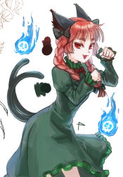 Rule 34 | 1girl, :3, :d, animal ears, bow, braid, cat ears, cat tail, clenched hands, dress, fang, ghost, green dress, hair bow, hapchi, hitodama, kaenbyou rin, looking at viewer, multiple tails, open mouth, paw pose, puffy sleeves, red eyes, red hair, simple background, skull, slit pupils, smile, solo, tail, touhou, twin braids, two tails