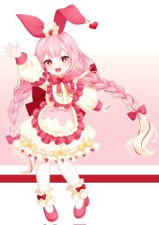Rule 34 | 1girl, bow, bowtie, braid, dress, hair between eyes, hair ribbon, highres, jewelry, long hair, long sleeves, open mouth, original, pink bow, pink bowtie, pink ribbon, pochimaru (marumaru wanwan), red eyes, ribbon, shoes, simple background, smile, solo, thighhighs, tongue, twin braids, white thighhighs
