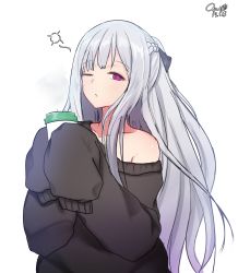 Rule 34 | 1girl, absurdres, ak-12 (girls&#039; frontline), black bow, blush, bow, braid, closed mouth, commentary request, cup, french braid, girls&#039; frontline, highres, holding, holding cup, long hair, long sleeves, looking at viewer, off shoulder, one eye closed, purple eyes, qualthis, sidelocks, silver hair, simple background, sleepy, sleeves past wrists, solo, sweater, very long hair, white background