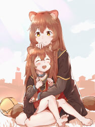 2girls :d alternate_eye_color animal_ear_fluff animal_ears ball barefoot blush brown_hair brown_shirt child closed_eyes closed_mouth collar collarbone commentary_request fumincha gold_trim grey_shirt hair_between_eyes headpat highres layered_shirt long_sleeves metal_collar metal_wrist_cuffs multiple_girls on_grass on_ground open_mouth outdoors partial_commentary raccoon_ears raccoon_girl raccoon_tail raphtalia red_shirt shirt short_sleeves sitting sitting_on_lap sitting_on_person smile tail tate_no_yuusha_no_nariagari time_paradox two-tone_shirt white_background yellow_eyes yokozuwari