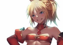 Rule 34 | 1girl, :d, bare shoulders, blush, braid, breasts, closed eyes, collar, detached sleeves, fate/apocrypha, fate (series), french braid, grin, highres, long hair, looking at viewer, medium breasts, mordred (fate), mordred (fate/apocrypha), open mouth, parted bangs, ponytail, rahato, sidelocks, simple background, smile, solo, strapless, teeth, tsurime, tube top, underboob, upper body, white background