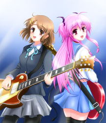 Rule 34 | 10s, 2girls, angel beats!, ankle lace-up, bad id, bad pixiv id, brown eyes, brown hair, cross-laced footwear, crossover, fang, guitar, hirasawa yui, instrument, k-on!, long hair, looking back, multiple girls, name connection, pantyhose, pink hair, red eyes, ryokucha itteki, school uniform, serafuku, short hair, thighhighs, twintails, two side up, yui (angel beats!)