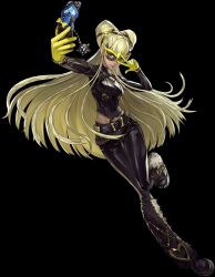 Rule 34 | 1girl, blonde hair, brown eyes, cellphone, dark-skinned female, dark skin, female focus, full body, gloves, hair bun, highres, long hair, looking at viewer, mask, mature female, official art, one eye closed, persona, persona 5, persona 5: the phantom x, phone, solo, tohyama kayo, tongue, tongue out, v, wink