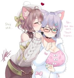 Rule 34 | 2girls, animal ear fluff, beret, black choker, blue eyes, bow, breasts, brown hair, brown skirt, cat girl, choker, cleavage, clenched hand, ear licking, english text, extra ears, glasses, green bow, grey sweater, hair bow, halterneck, hat, highres, hiiragi emuri, kemonomimi mode, large breasts, leaning forward, licking, long hair, miori celesta, miori celesta (2nd costume), mole, mole on shoulder, mole under eye, multiple girls, mythic live, natch imaycz, off-shoulder sweater, off shoulder, one eye closed, open mouth, pink bow, purple hair, skirt, smile, sweater, tsunderia, virtual youtuber, white headwear, yuri