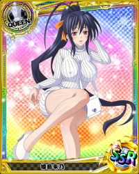 Rule 34 | 10s, 1girl, artist request, bag, black hair, breasts, card (medium), character name, chess piece, covered erect nipples, dress, female focus, hair ribbon, high heels, high school dxd, himejima akeno, large breasts, long hair, official art, pantyhose, ponytail, purple eyes, queen (chess), ribbed sweater, ribbon, see-through, see-through legwear, solo, sweater, trading card, turtleneck, very long hair, white dress
