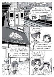 Rule 34 | 10s, admiral (kancolle), arms up, backpack, bag, bench, closed eyes, color guide, comic, english text, glasses, greyscale, hair tie, hat, highres, kantai collection, luggage, military, military hat, military uniform, monochrome, open mouth, pleated skirt, pointing, railroad tracks, ryuujou (kancolle), sixten, skirt, smile, suspenders, train, train station, twintails, uniform, visor cap