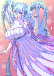 Rule 34 | + +, 1girl, body markings, braid, breasts, closed mouth, curled horns, dress, fate/grand order, fate/grand order arcade, fate (series), flying toaster, gradient sky, hair between eyes, highres, horns, large breasts, larva tiamat (fate), larva tiamat (third ascension) (fate), long hair, long horns, long sleeves, looking at viewer, orange sky, petals, pink sky, pointy ears, red eyes, ribbed dress, sidelocks, silver hair, sky, smile, solo, symbol-shaped pupils, tail, thighhighs, thighs, tiamat (fate), very long hair, white dress, white thighhighs