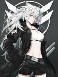 Rule 34 | 1girl, animal ears, arknights, bandeau, belt, black background, black belt, black jacket, black shorts, breasts, collarbone, commentary, cowboy shot, grey background, hair between eyes, hair ornament, hairclip, highres, jacket, lappland (arknights), large breasts, long hair, long sleeves, looking at viewer, midriff, navel, open clothes, open jacket, scar, scar across eye, scar on face, shorts, silver hair, solo, standing, stomach, strapless, taroten, tube top, very long hair, wolf ears