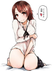 Rule 34 | 10s, 1girl, arakure, blouse, blush, breast hold, breasts, brown eyes, brown hair, hand on thigh, highres, isshiki iroha, long hair, looking at viewer, please take responsibility, school uniform, shirt, sitting, skirt, skirt around one leg, smile, solo, thick thighs, thighs, translated, yahari ore no seishun lovecome wa machigatteiru.