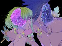 Rule 34 | 2boys, androgynous, arm on another&#039;s shoulder, arm rest, black background, blonde hair, blue eyes, blue gemstone, blue hair, closed mouth, collarbone, cracked skin, eyelashes, eyes visible through hair, galo thymos, gem, green hair, hair over one eye, highres, hole in head, lio fotia, lonelyspirit, looking at viewer, looking to the side, male focus, multiple boys, mushroom, nude, one-eyed, overgrown, promare, purple eyes, purple gemstone, short hair, sidelocks, sparkle, toned, toned male, upper body
