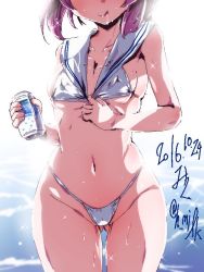 Rule 34 | 10s, 1girl, 2016, bikini, breasts, brown hair, can, covered erect nipples, dated, drink can, gluteal fold, head out of frame, highleg, highleg bikini, highleg swimsuit, kantai collection, miuku (marine sapphire), pink hair, sailor bikini, sailor collar, short hair, signature, skindentation, small breasts, soda can, solo, sparkle, swimsuit, tongue, tongue out, twitter username, wet, white bikini, wide hips, z3 max schultz (kancolle)
