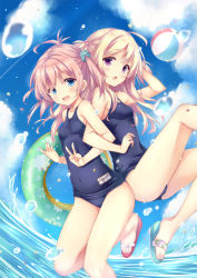 Rule 34 | 2girls, :d, ahoge, arm up, ass, ball, bare arms, bare shoulders, beachball, blonde hair, blue eyes, blue one-piece swimsuit, blue sky, breasts, cloud, cloudy sky, commentary request, contrail, covered navel, day, hair bobbles, hair ornament, highres, innertube, knee up, locked arms, long hair, looking at viewer, multiple girls, name tag, one-piece swimsuit, one side up, open mouth, original, outdoors, petals, pink hair, purple eyes, ryo (botugo), school swimsuit, sky, slippers, small breasts, smile, swim ring, swimsuit, thighs, v, water, wet
